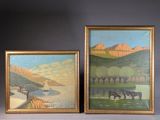two paintings of horses in a field with mountains in the background
