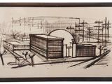 drawing of a factory with a man standing in front of it