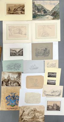 Lot de 18 dessins, en majorité du XIXème siècle.