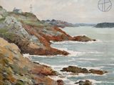 une peinture à l'huile représentant un phare situé sur une falaise rocheuse au bord de l'océan
