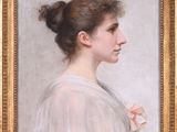 a painting of a woman in a white dress with a flower in her hair