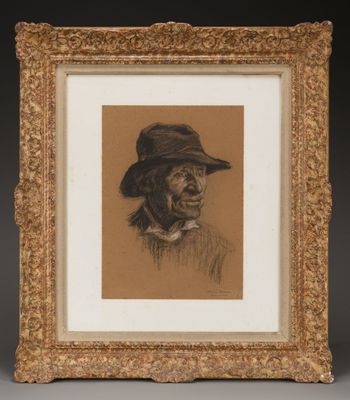 un dessin représentant un homme coiffé d'un chapeau, dans un cadre doré