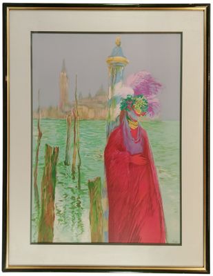 tableau représentant une femme vêtue d'une robe rouge et d'un chapeau rose sur une jetée