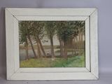 a picture of a painting of a bench in the woods