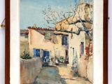 an oil painting of a street scene with a house and a car