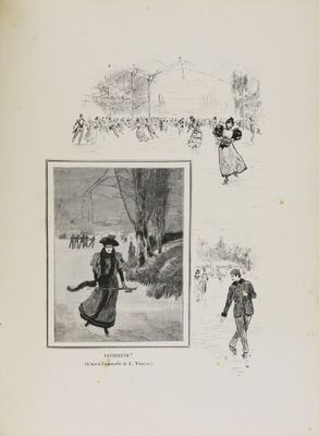 an old black and white illustration of a couple of people walking