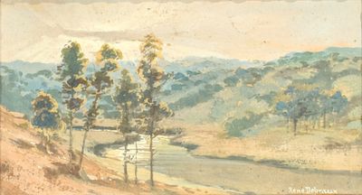 painting of a landscape with trees and a river in the foreground