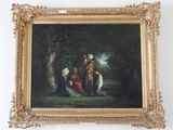 une peinture représentant un groupe de personnes assises sous un arbre