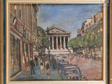 an oil painting of a street scene with a building in the background