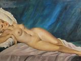 painting of a nude woman laying on a bed with a pillow