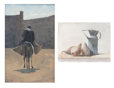 two paintings of a man riding a horse next to a cow