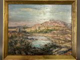 an oil painting of a mountain scene with a river in the foreground