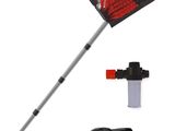 a red and black cleaning brush and a black and white hose