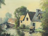 a painting of a house by a river with a bridge