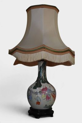 une lampe posée sur une table et munie d'un abat-jour
