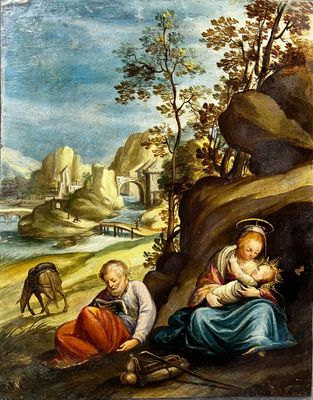 une image représentant un tableau où l'on voit une femme et un enfant dans un paysage rocheux