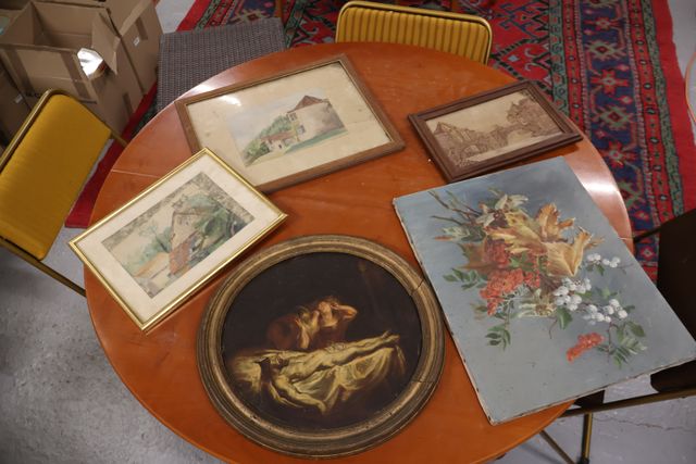 Lot de 5 cadres, aquarelles, huile sur toile, huile sur panneau e...