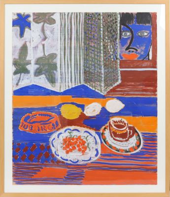 an image of a painting of a table with a bowl of fruit and a plate of fruit