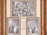 three framed pictures of a family with a dog and a cat