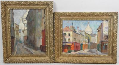deux tableaux représentant une scène de rue avec des bâtiments et une église