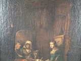 painting of a woman sitting at a table with a man sitting at a table in front of her