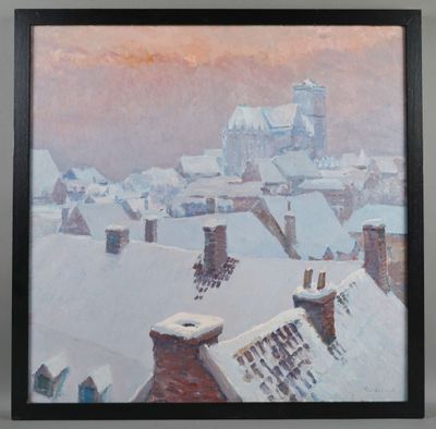 painting of a view of a snowy town with a church in the background