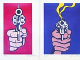 two paintings of guns on a red and blue background