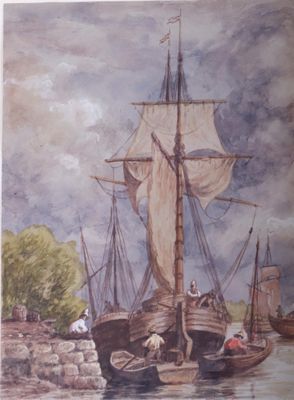 une peinture représentant un bateau dans l'eau avec d'autres bateaux dans l'eau