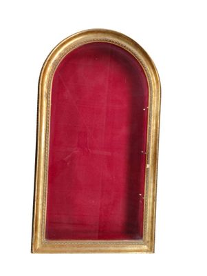 an image of a gold framed mirror with a red velvet covering