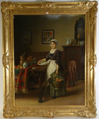 tableau représentant une femme avec un panier de fruits dans une salle à manger