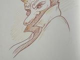 drawing of a man with horns and a goat ' s head in a coat
