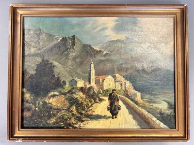 an oil painting of a man walking down a road with a church in the background