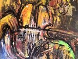 abstract painting of a man playing a cello in a yellow room