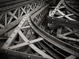 black and white photograph of a train track with multiple tracks