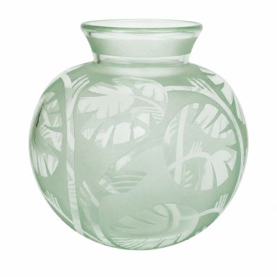 a glass vase with a design on it on a white background