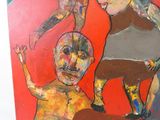 un tableau représentant un homme et une femme sur fond rouge