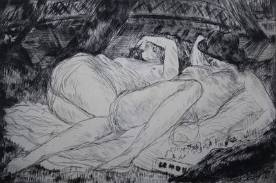 drawing of a woman laying on a bed with a remote control in her hand