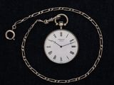 a silver pocket watch with roman numerals on it