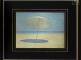 tableau représentant un parapluie sur la plage, dans un cadre noir