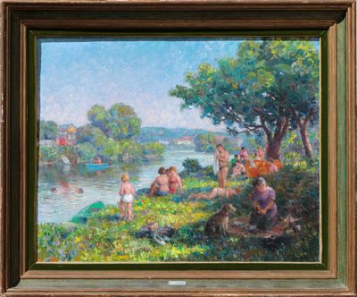 an oil painting of a group of people sitting on the bank of a river
