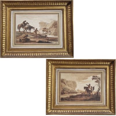 deux tableaux encadrés représentant des chevaux et des cavaliers dans un paysage