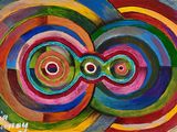 abstract painting of colorful circles on a blue and red background