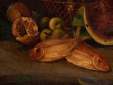 painting of a still life of fish, fruit, and a basket of pomegranates