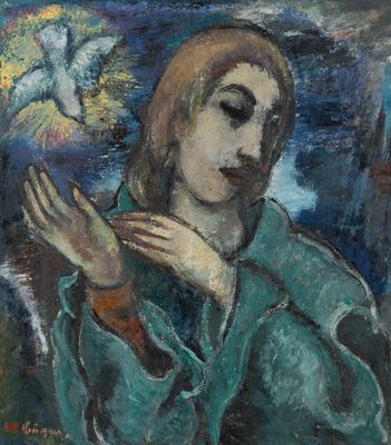 une image représentant un tableau où l'on voit une femme tenant une colombe
