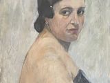 tableau représentant une femme en robe noire sur fond blanc