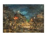 an oil painting of a city street at night with people walking on the sidewalk