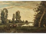 un tableau représentant deux vaches au bord d'une rivière