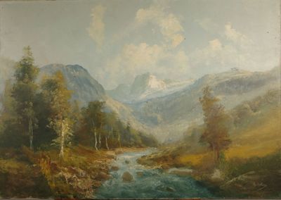 peinture représentant un paysage de montagne avec un ruisseau au premier plan