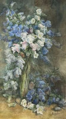 une peinture représentant un vase de fleurs sur une table