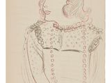 un dessin représentant une femme vêtue d'une robe ornée de perles